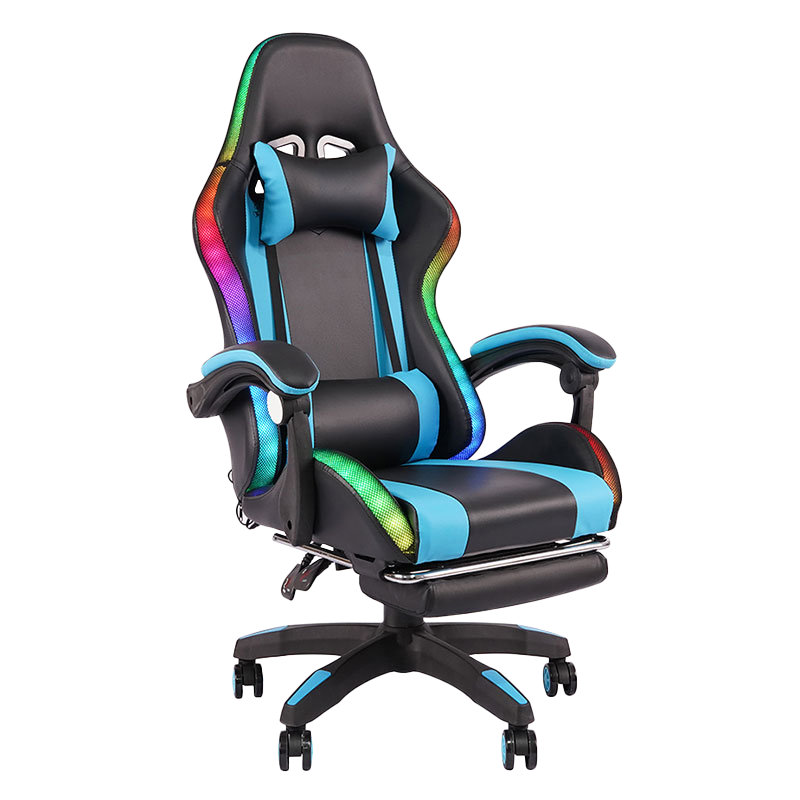 Sininen Professional Swivel Recling RGB Gamer säädettävä käsinoja Led pelituoli jalkatuella (Y-2442)