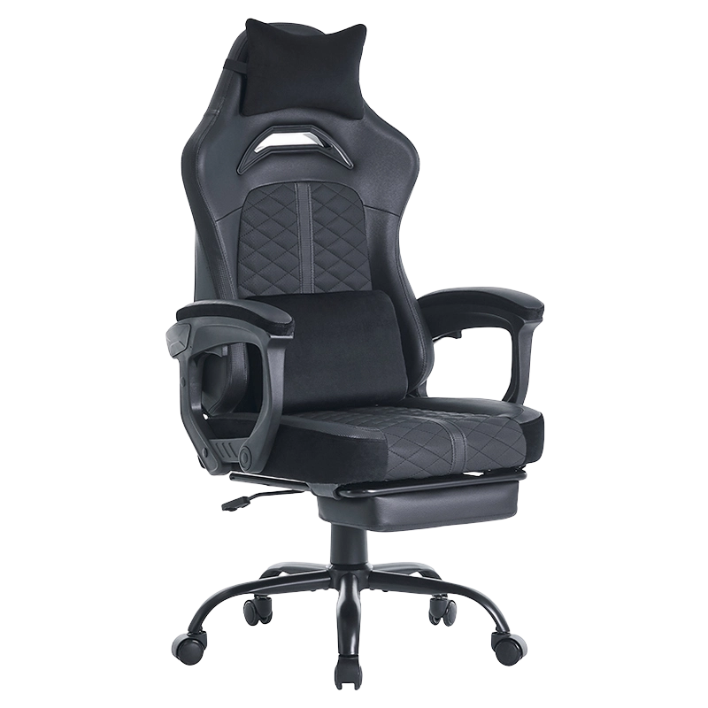 Musta säädettävä nahkainen ergonominen tietokonetuoli Gaming makuuasennossa ristiselän tuki pelituoli jalkatuella (T-7138)